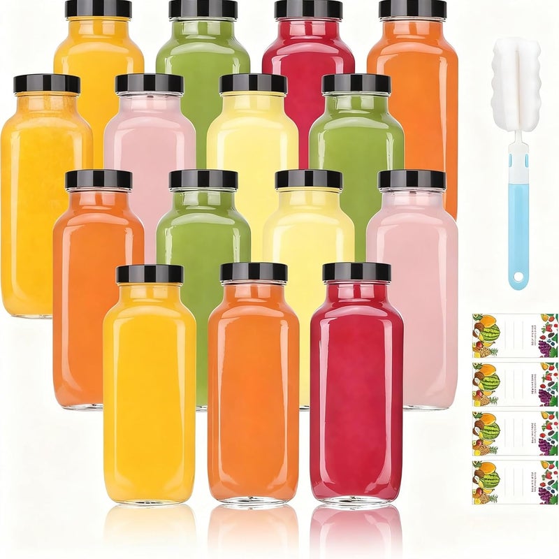 Glasgow 15 Pack 8 oz Glass Juice Bottles with Black Lids & Labels, Reusable Travel Juice Storage Containers, Clear Glass Drink Jars for Juicing, Water, Ginger, Wellness Shots - Leakproof, Dishwasher Safe - Image 1