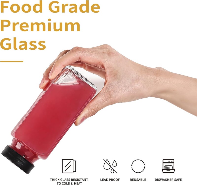 Glasgow 15 Pack 8 oz Glass Juice Bottles with Black Lids & Labels, Reusable Travel Juice Storage Containers, Clear Glass Drink Jars for Juicing, Water, Ginger, Wellness Shots - Leakproof, Dishwasher Safe - Image 4