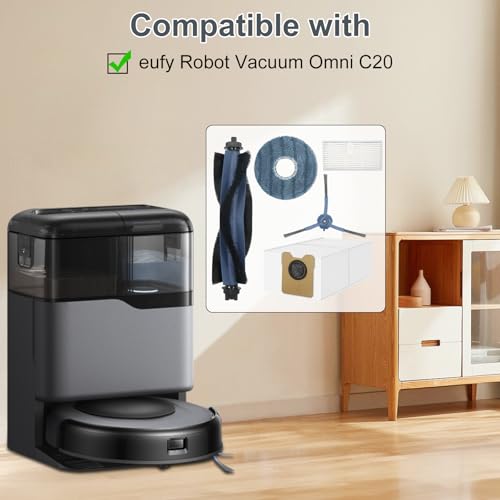 Asrhine 28 Pack Replacement Accessories for Eufy Omni C20 Robot Vacuums Parts, 2 Main Brush, 6 Side Brushes, 6 Washable Filters, 6 Dust Bags, 6 Mop Pads, 1 Cleaning Tool and 1 Screwdriver - Image 2