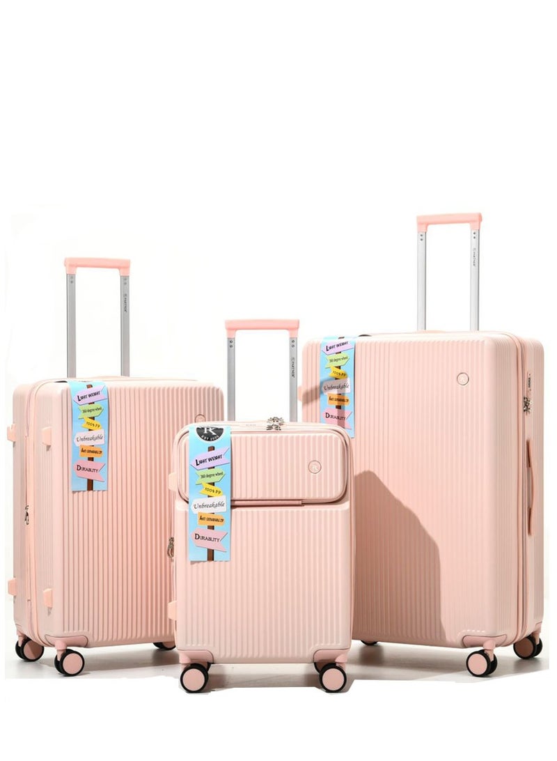 PK 3 PCS TROLLEY LUGGAGE FRONT OPEN POLY CARBON MATERIAL, LUGGAGE SUITCASE SET AND CABIN LUGGAGE BAG SET PINK COLOUR - Image 1