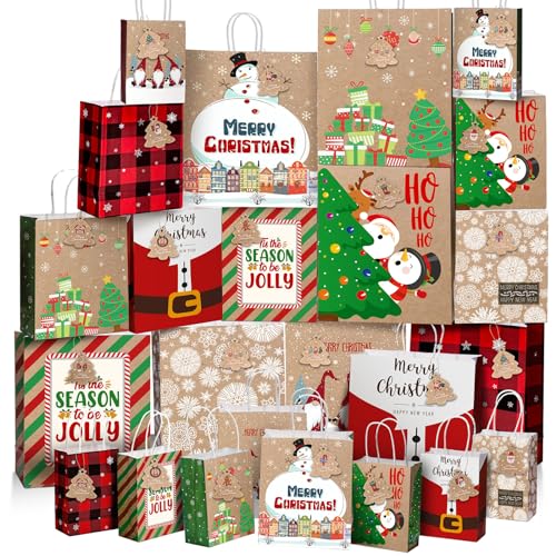 TaoBary 24 Pcs Christmas Kraft Gift Bags with Handles and 48 Gift Tags Assorted Sizes Xmas favors Bags Reliable Xmas goodie Paper Pouches 8 Styles 3 Sizes for Holiday Party Favors WrappingStylish - Image 1