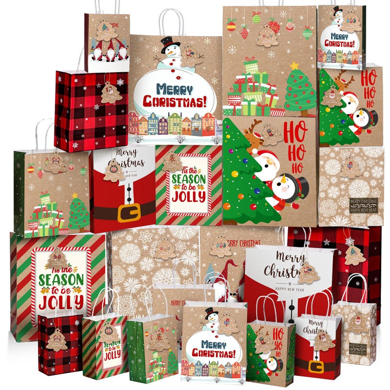 TaoBary 24 Pcs Christmas Kraft Gift Bags with Handles and 48 Gift Tags Assorted Sizes Xmas favors Bags Reliable Xmas goodie Paper Pouches 8 Styles 3 Sizes for Holiday Party Favors WrappingStylish - Image 2