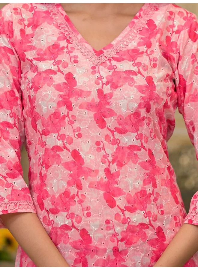 AKS Pink Schiffli Kurta Set with Dupatta