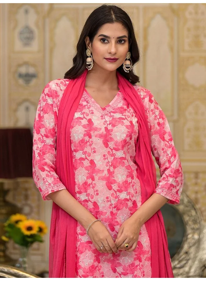 AKS Pink Schiffli Kurta Set with Dupatta