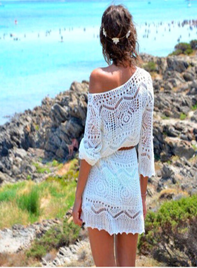 Dress Solid Long Sleeve V Neck Lace Hollow Out Beachwear White - Image 3