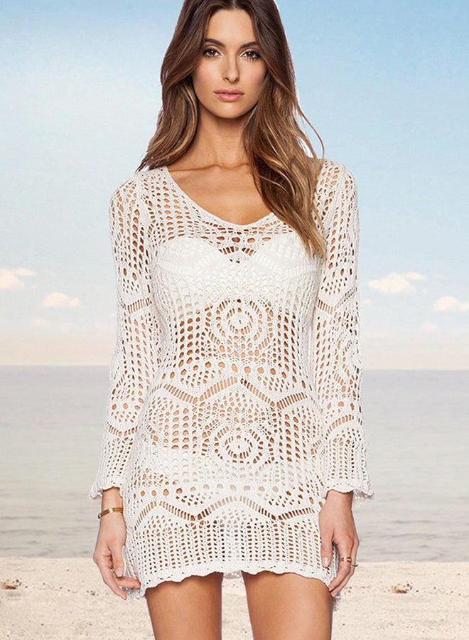 Dress Solid Long Sleeve V Neck Lace Hollow Out Beachwear White - Image 4