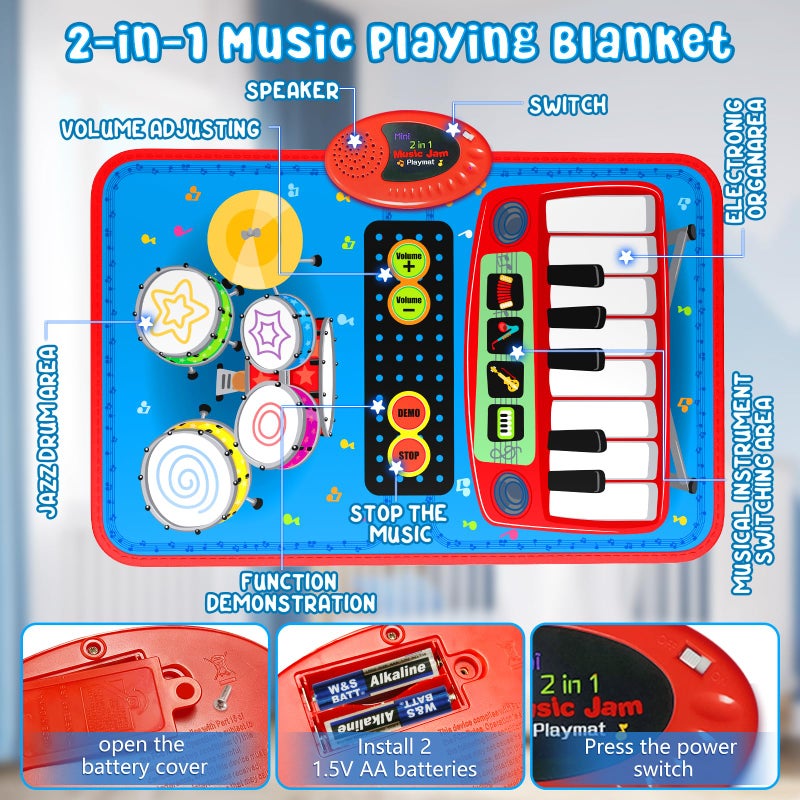 Oripira 2-in-1 Musical Mat Toys for 1 2 3 4 5 Year Old, Piano Keyboard & Drum Set with 2 Drum Sticks, Early Educational Musical Learning Toys Birthday for 1 2 3 4 5 Year Old Boys & Girls, Blue - Image 2