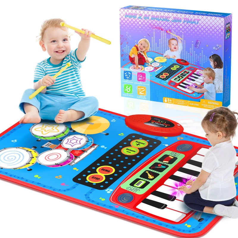 Oripira 2-in-1 Musical Mat Toys for 1 2 3 4 5 Year Old, Piano Keyboard & Drum Set with 2 Drum Sticks, Early Educational Musical Learning Toys Birthday for 1 2 3 4 5 Year Old Boys & Girls, Blue - Image 1
