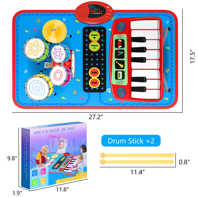 Oripira 2-in-1 Musical Mat Toys for 1 2 3 4 5 Year Old, Piano Keyboard & Drum Set with 2 Drum Sticks, Early Educational Musical Learning Toys Birthday for 1 2 3 4 5 Year Old Boys & Girls, Blue - Image 4