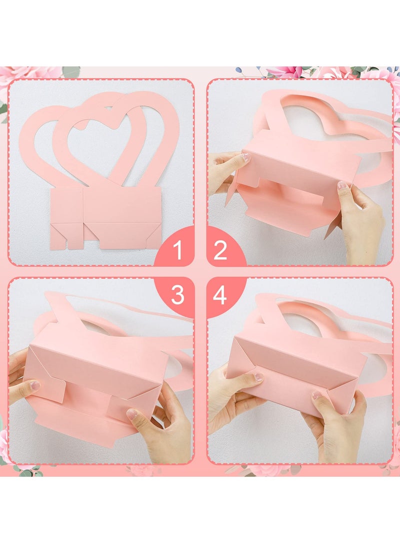 SOLARAE 12 Pcs Heart-shaped Gift Bag Flower Boxes, Bouquet Flower Wrapping Paper Bag with Handle Folding Basket for Mother's Day Wedding Party Birthday Party - Image 3