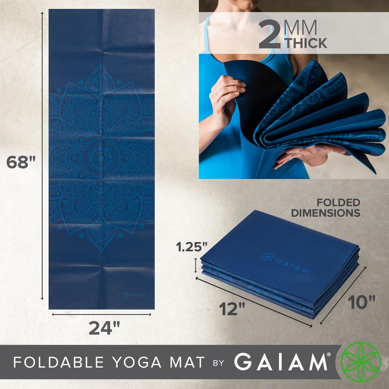 Gaiam Yoga Mat Folding Travel Fitness & Exercise Mat | Foldable Yoga Mat for All Types of Yoga, Pilates & Floor Workouts, Blue Sundial, 2mm - Image 3