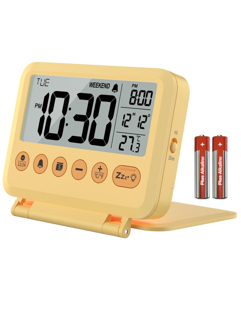 MeesMeek ساعة منبه رقمية للسفر من MeesMeek - شاشة LCD مقاس 3.54 بوصة، غفوة لمدة 9 دقائق ومستوى صوت وبطارية خلفية (أصفر) - Image 1