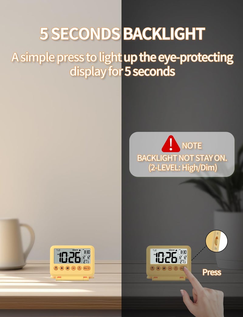 MeesMeek ساعة منبه رقمية للسفر من MeesMeek - شاشة LCD مقاس 3.54 بوصة، غفوة لمدة 9 دقائق ومستوى صوت وبطارية خلفية (أصفر) - Image 4