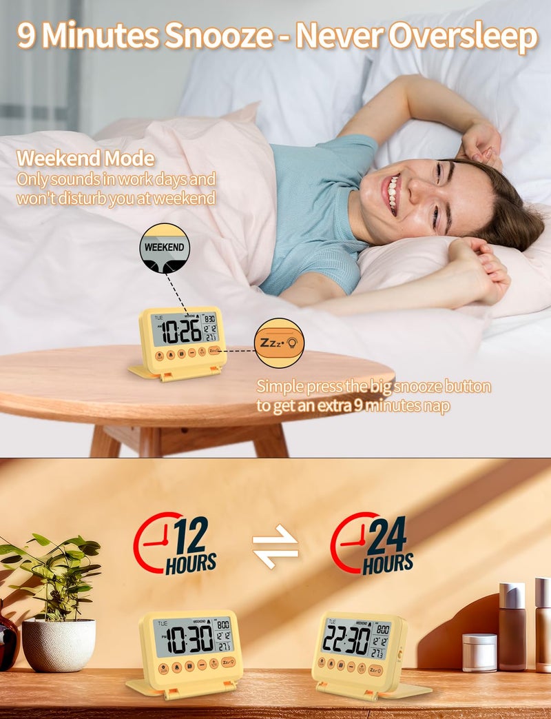MeesMeek ساعة منبه رقمية للسفر من MeesMeek - شاشة LCD مقاس 3.54 بوصة، غفوة لمدة 9 دقائق ومستوى صوت وبطارية خلفية (أصفر) - Image 3