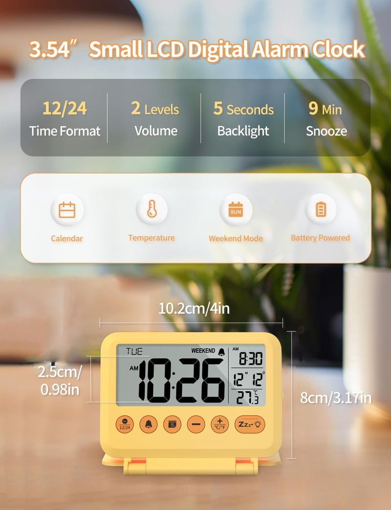 MeesMeek ساعة منبه رقمية للسفر من MeesMeek - شاشة LCD مقاس 3.54 بوصة، غفوة لمدة 9 دقائق ومستوى صوت وبطارية خلفية (أصفر) - Image 2