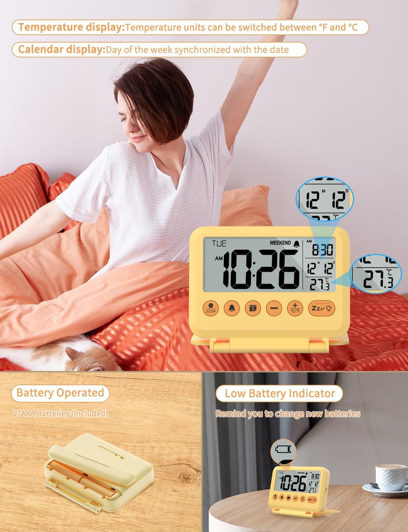 MeesMeek ساعة منبه رقمية للسفر من MeesMeek - شاشة LCD مقاس 3.54 بوصة، غفوة لمدة 9 دقائق ومستوى صوت وبطارية خلفية (أصفر) - Image 5