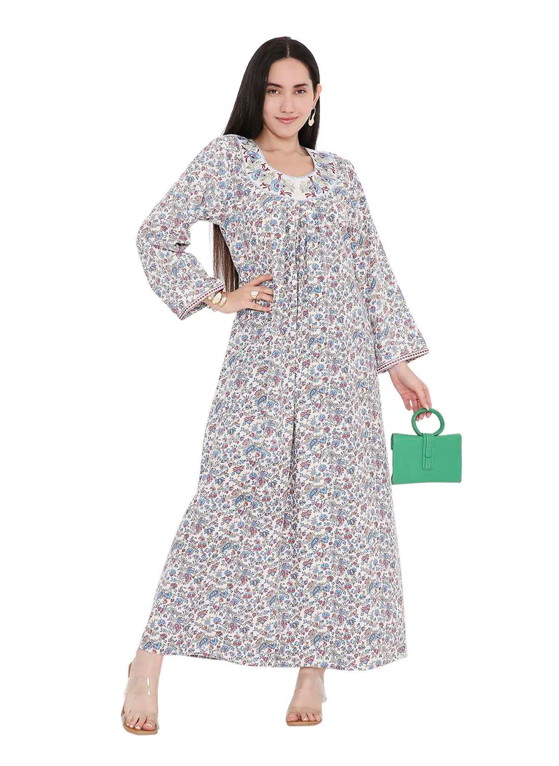 HANA & SARA ELEGANT FARASHA WITH UNIQUE THREAD EMBROIDERY AND STYLISH PRINTED MODEST ARABIC KAFTAN JALABIYA DRESS