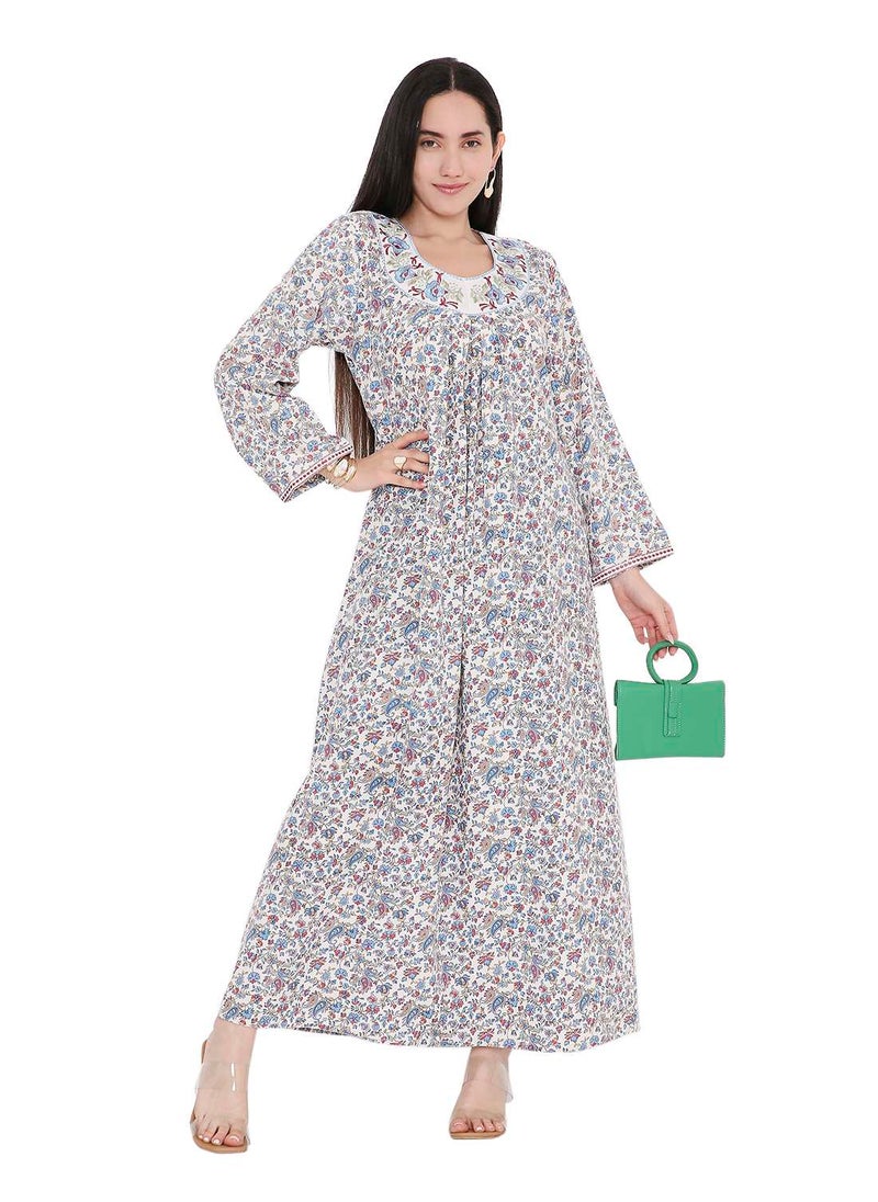 HANA & SARA ELEGANT FARASHA WITH UNIQUE THREAD EMBROIDERY AND STYLISH PRINTED MODEST ARABIC KAFTAN JALABIYA DRESS  - Image 4