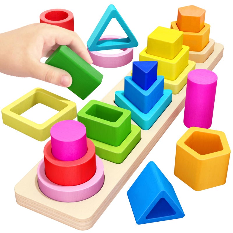 PEBIRA Montessori Toys for 1 2 3 Year Old Boys Girls Toddlers Heightened PegFree Wooden Stacking Toys Shape Sorter Learning Toy Birthday Gift for Baby Kid Age 14 Preschool Toy Various Game Play - Image 2