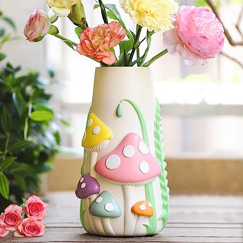GUGUGO Pastel Mushrooms Vase for Flower, 8-Inch-Tall Rainbow Funky Mushroom Decor, Eclectic Vases for Flowers, Unique Colorful Decorative Vase, Cute Room Decor Aesthetic - Image 1