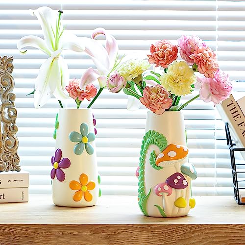 GUGUGO Pastel Mushrooms Vase for Flower, 8-Inch-Tall Rainbow Funky Mushroom Decor, Eclectic Vases for Flowers, Unique Colorful Decorative Vase, Cute Room Decor Aesthetic - Image 2
