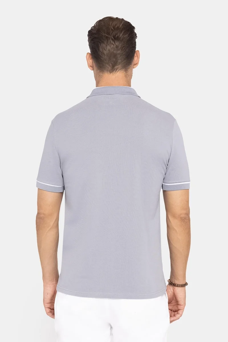 Tudors Men's Slim Fit Narrow Cut 100% Cotton Plain Pique Zippered Gray Polo Neck T-Shirt
