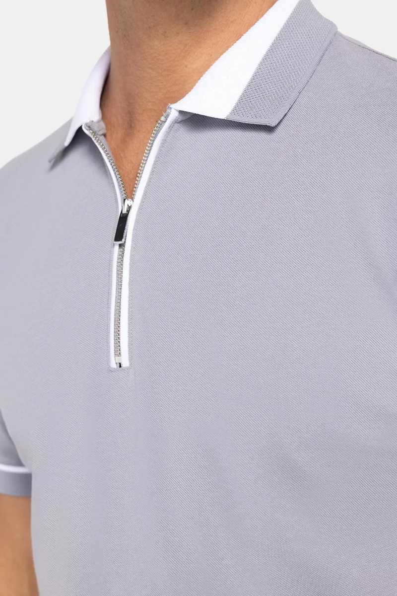 Tudors Men's Slim Fit Narrow Cut 100% Cotton Plain Pique Zippered Gray Polo Neck T-Shirt