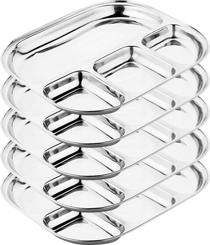 ROLIMOLI Stainless Steel Partition Plate 4-in-1 Bhojan Thali/Dinner Plate, Pack of 5, Multi-Compartment, Ideal for Serving Multiple Dishes, Durable & Easy to Clean - Image 1