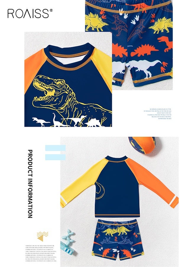 roaiss Boys 3PCS Swimsuit, Quick-drying Swim Set with Dinosaur Top, Elastic Waist Shorts and Cap, Summer Bathing Suit, Rash Guard Swimsuits for Boys  - Image 2