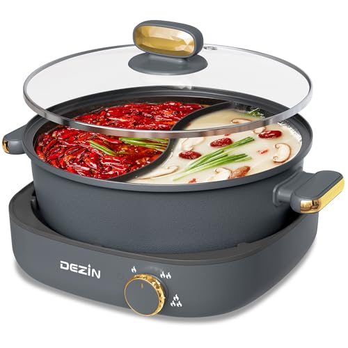 Dezin Hot Pot Electric with Divider, 4L Electric Shabu Shabu with Dual-Flavor Pot,3.7" Depth Nonstick Dual Side with Multi-Power Control for Party, Family and Friend Gathering - Image 1
