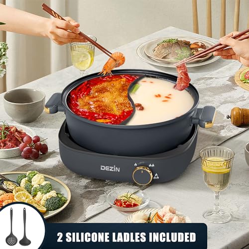 Dezin Hot Pot Electric with Divider, 4L Electric Shabu Shabu with Dual-Flavor Pot,3.7" Depth Nonstick Dual Side with Multi-Power Control for Party, Family and Friend Gathering - Image 2