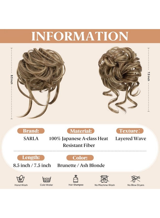 SARLA 2Pcs Messy Bun Hair Pieces Detachable Claw Clip Wavy Curly Synthetic Hairpieces Fake Scrunchies Updo Ponytail Extension For Women Brunette/Ash Blonde - Image 1