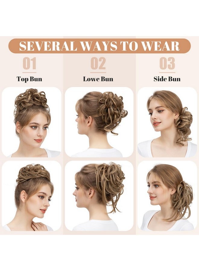 SARLA 2Pcs Messy Bun Hair Pieces Detachable Claw Clip Wavy Curly Synthetic Hairpieces Fake Scrunchies Updo Ponytail Extension For Women Brunette/Ash Blonde - Image 2