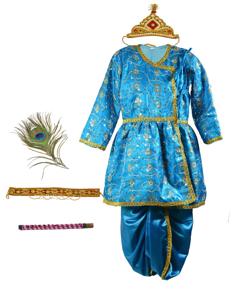 Pakhi Feather Little Krishna Themed Krishna Costume Set With Accessories (9 - 12 Months, Turquoise Blue) - Image 1