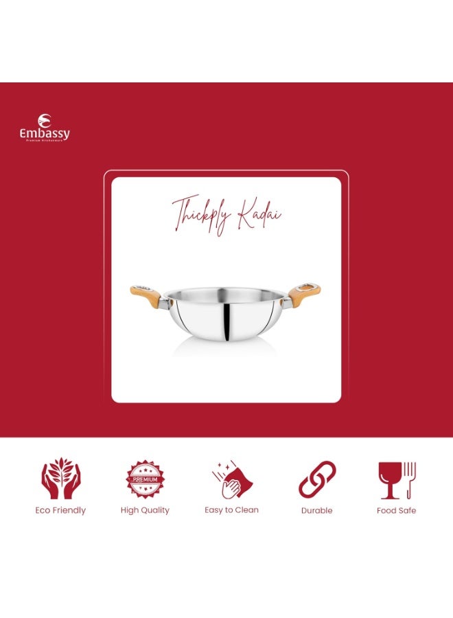 Embassy Stainless Steel Premium Thickply Kadhai, Wooden-Finish Handle (2500 ml, Size 13) - Image 3