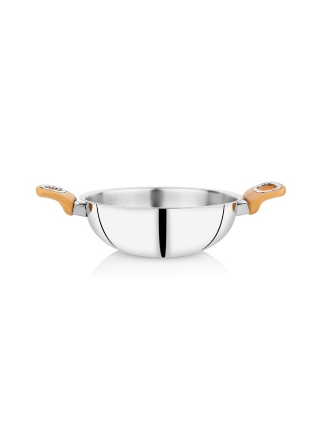 Embassy Stainless Steel Premium Thickply Kadhai, Wooden-Finish Handle (2500 ml, Size 13) - Image 1