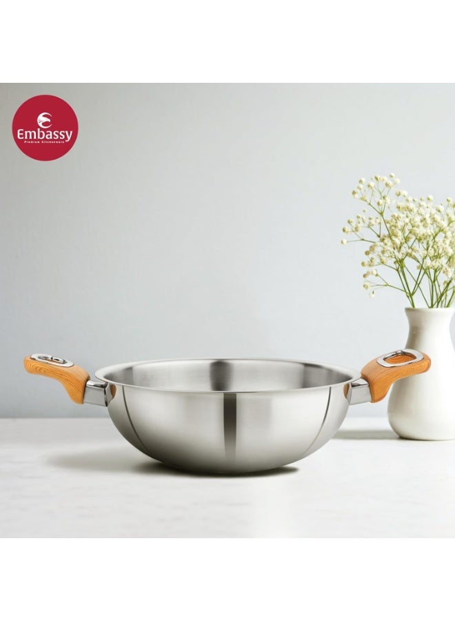 Embassy Stainless Steel Premium Thickply Kadhai, Wooden-Finish Handle (2500 ml, Size 13) - Image 2
