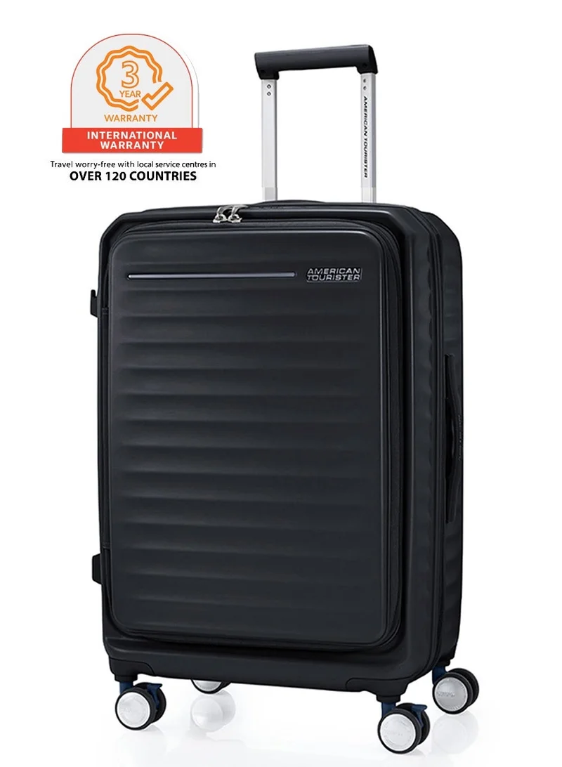 Frontec Suitcase, Check-In Size 68 cm / 25 inch, 4 Spinner Wheels, Hard Top, Polycarbonate, Black|Expandable|Front Laptop Compartment|PlentiVol™ Book Opening|2-in-1 Optimov™ + STEPause™ Shock Absorbing Wheels|TSA 008 Lock|DuoSaf™ Security Zipper - 3 Years International Warranty
