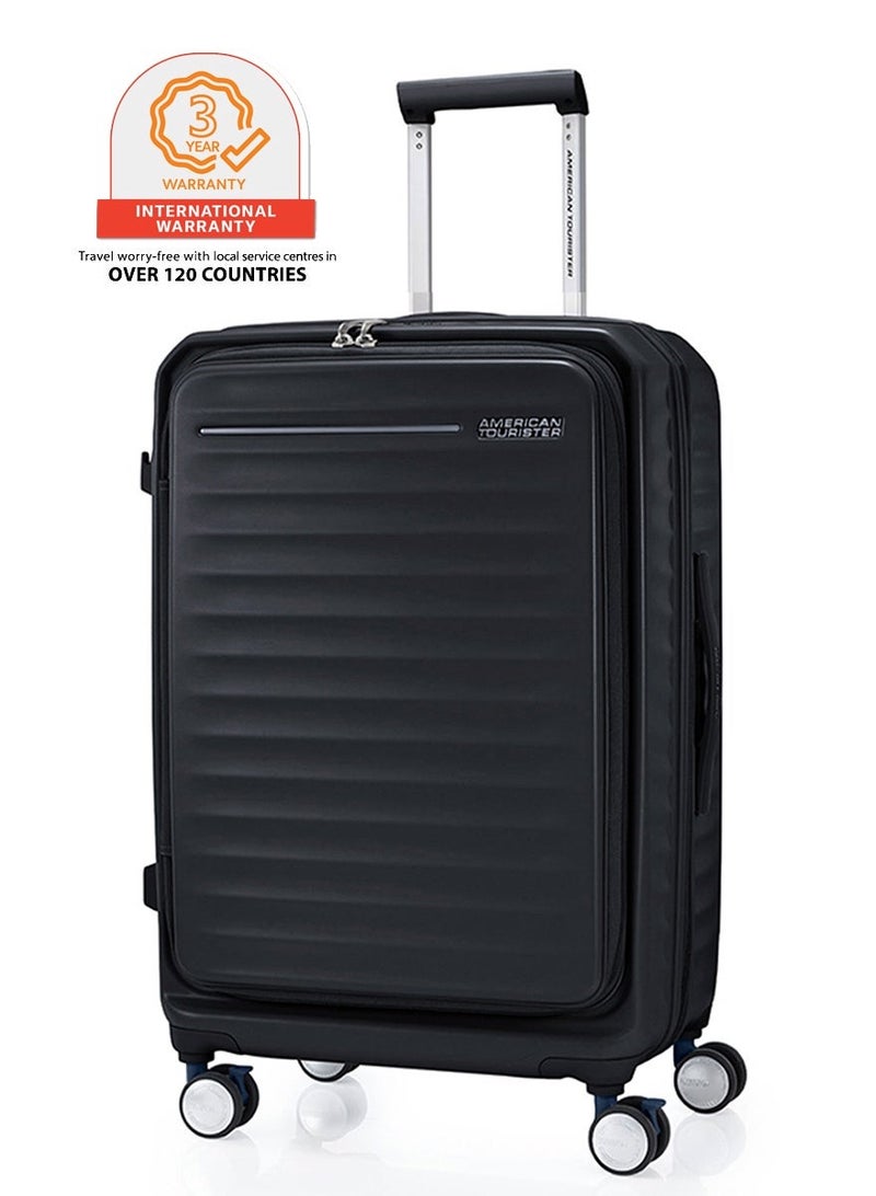 AMERICAN TOURISTER Frontec Suitcase, Check-In Size 68 cm / 25 inch, 4 Spinner Wheels, Hard Top, Polycarbonate, Black|Expandable|Book Opening|2-in-1 Optimov™ + STEPause™ Shock Absorbing Wheels|TSA 008 Lock|DuoSaf™ Security Zipper - 3 Years International Warranty - Image 1