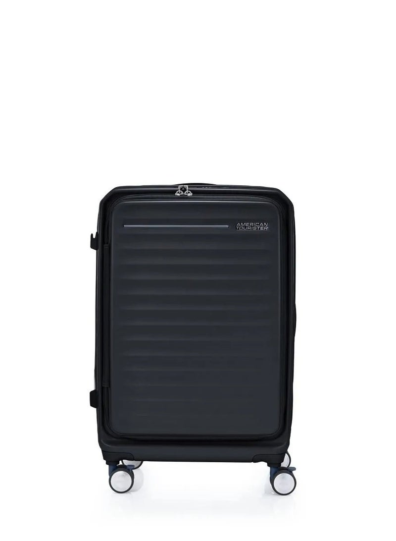 AMERICAN TOURISTER Frontec Suitcase, Check-In Size 68 cm / 25 inch, 4 Spinner Wheels, Hard Top, Polycarbonate, Black|Expandable|Book Opening|2-in-1 Optimov™ + STEPause™ Shock Absorbing Wheels|TSA 008 Lock|DuoSaf™ Security Zipper - 3 Years International Warranty - Image 5
