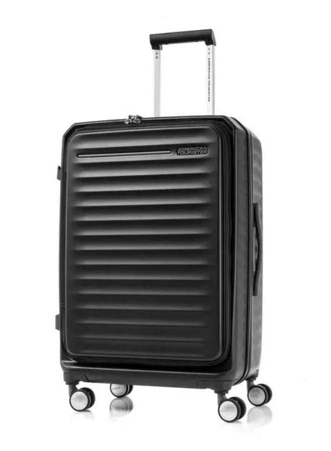 AMERICAN TOURISTER Frontec Suitcase, Check-In Size 68 cm / 25 inch, 4 Spinner Wheels, Hard Top, Polycarbonate, Black|Expandable|Book Opening|2-in-1 Optimov™ + STEPause™ Shock Absorbing Wheels|TSA 008 Lock|DuoSaf™ Security Zipper - 3 Years International Warranty