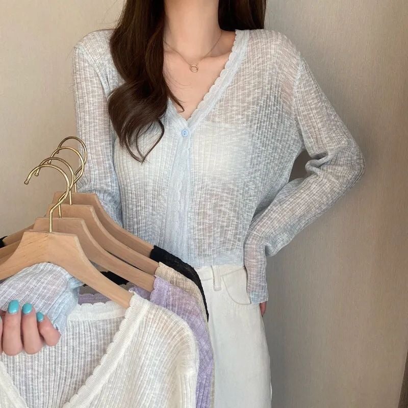 Tweed Style Knitted Cardigan Thin Womens Summer V-neck Ice Silk Loose-fit Outerwear Sunscreen Jacket Cropped Top Long Sleeve Apricot  - Image 2