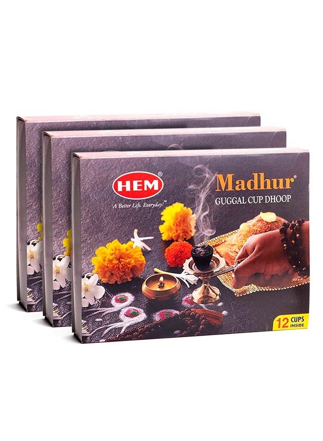 HEM Madhur Guggal Cup Dhoop | Natural Guggal Resin for Pooja, Meditation & Festivals | Long-Lasting Aroma for Home & Temple | Includes 1 Burner Plate | Pack of 3 (36 Cups, 12 Cups Per Pack) - Image 1
