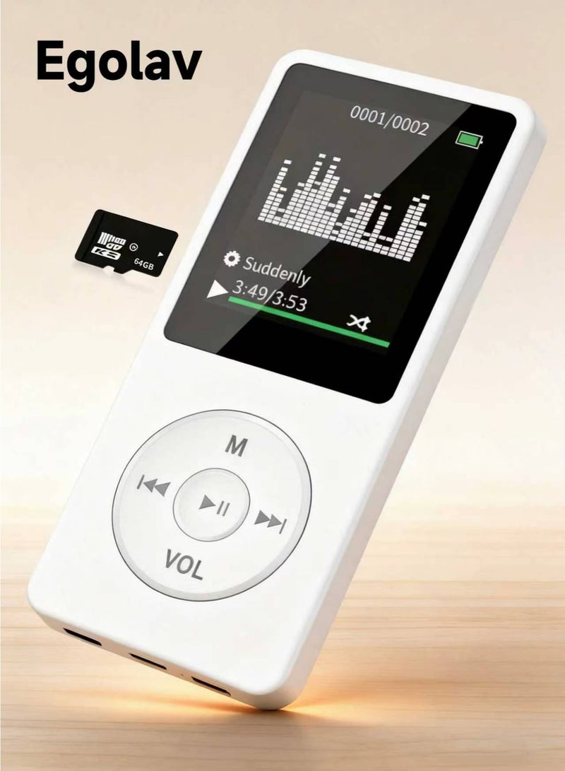 Egolav Bluetooth MP3 player with 64GB memory card, 1.8 inch display, built-in speakers, support for FM radio, recording, e-book compatible. Sports running special gifts friends/classmates/birthday gifts portable media player (white) - Image 1