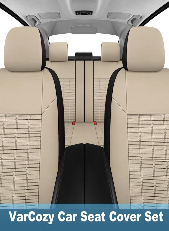 VarCozy Faux Leather Car Seat Covers Full Set, Front Seat Covers and Split Rear Bench Seat Covers for Car, Universal Seat Covers for SUV, Sedan, Automotive Interior Covers, Airbag Compatible, Beige - Image 3