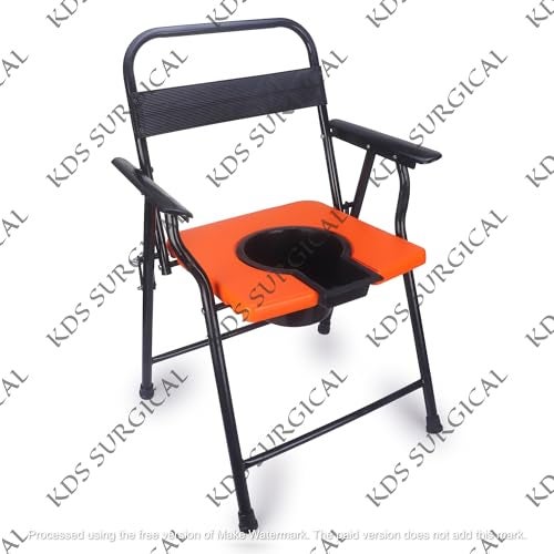 Kds Surgical Folding Commode Chair for Adults | Heavy Duty Steel Frame with Removable Pot | Portable Toilet Chair for Elderly, Patients & Home Use | Comfortable Armrest & Back Support (Orange Seat) - Image 2