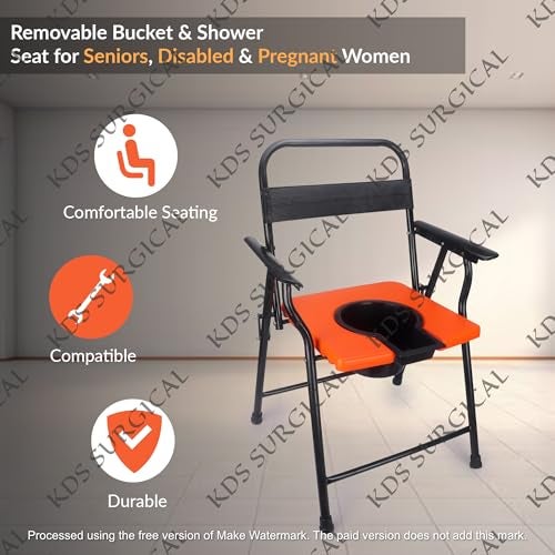 Kds Surgical Folding Commode Chair for Adults | Heavy Duty Steel Frame with Removable Pot | Portable Toilet Chair for Elderly, Patients & Home Use | Comfortable Armrest & Back Support (Orange Seat) - Image 4