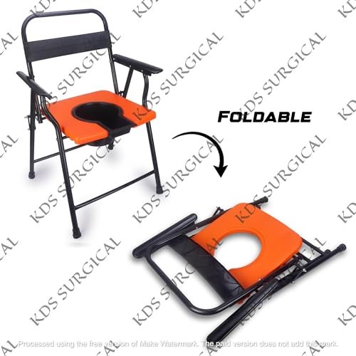 Kds Surgical Folding Commode Chair for Adults | Heavy Duty Steel Frame with Removable Pot | Portable Toilet Chair for Elderly, Patients & Home Use | Comfortable Armrest & Back Support (Orange Seat) - Image 5
