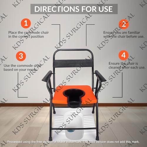 Kds Surgical Folding Commode Chair for Adults | Heavy Duty Steel Frame with Removable Pot | Portable Toilet Chair for Elderly, Patients & Home Use | Comfortable Armrest & Back Support (Orange Seat) - Image 3