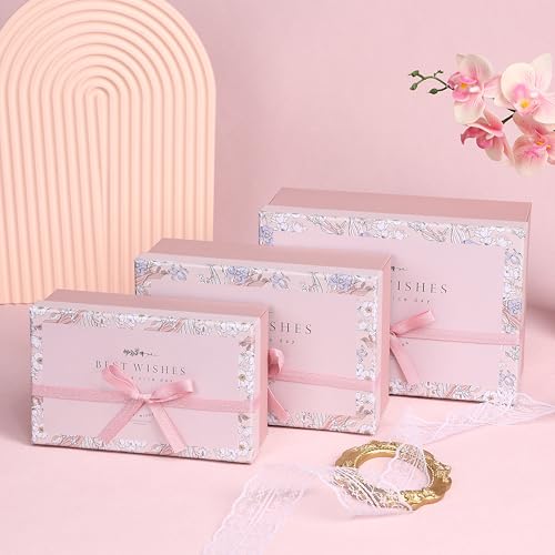 HOME ELEMENTS 3 Pcs Best Wishes Luxury Gift Boxes Set With Bow, Decorative Present Boxes,Bridesmaid Box, For Hampers, Birthdays, Weddings & Events, Special Occasions (Pink),Cardboard, Paper - Image 1